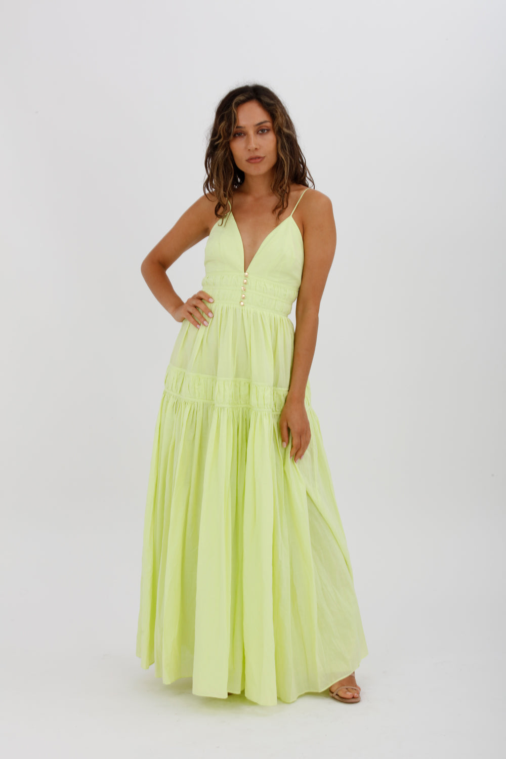 AJE Grace Tiered Midi Dress Pastel Yellow Green Size 10 - Miranda's