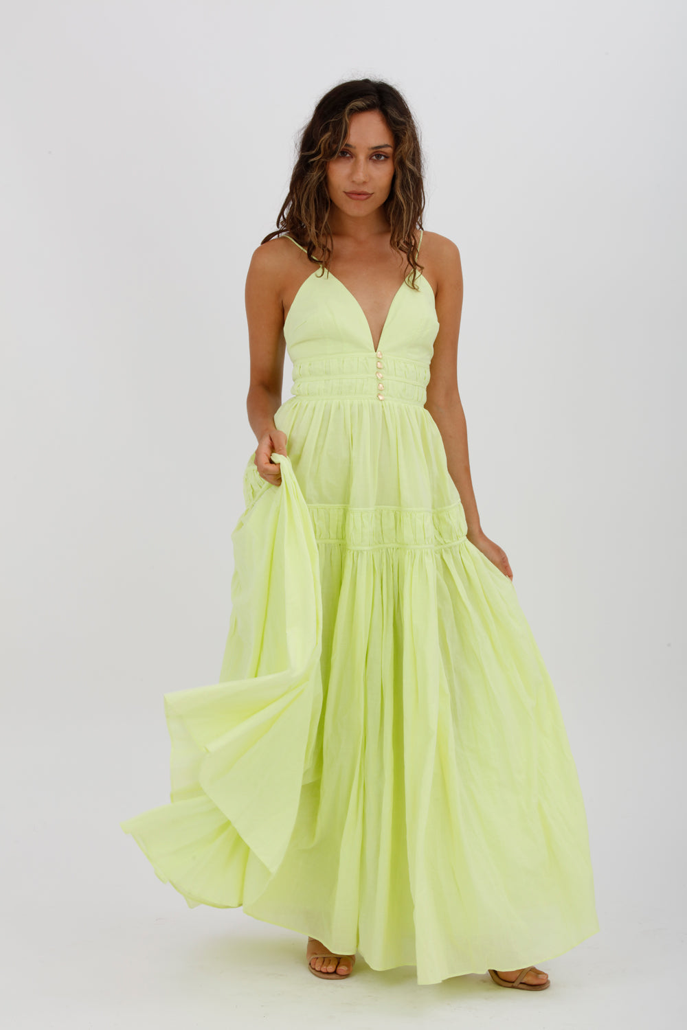 AJE Grace Tiered Midi Dress Pastel Yellow Green Size 10 - Miranda's