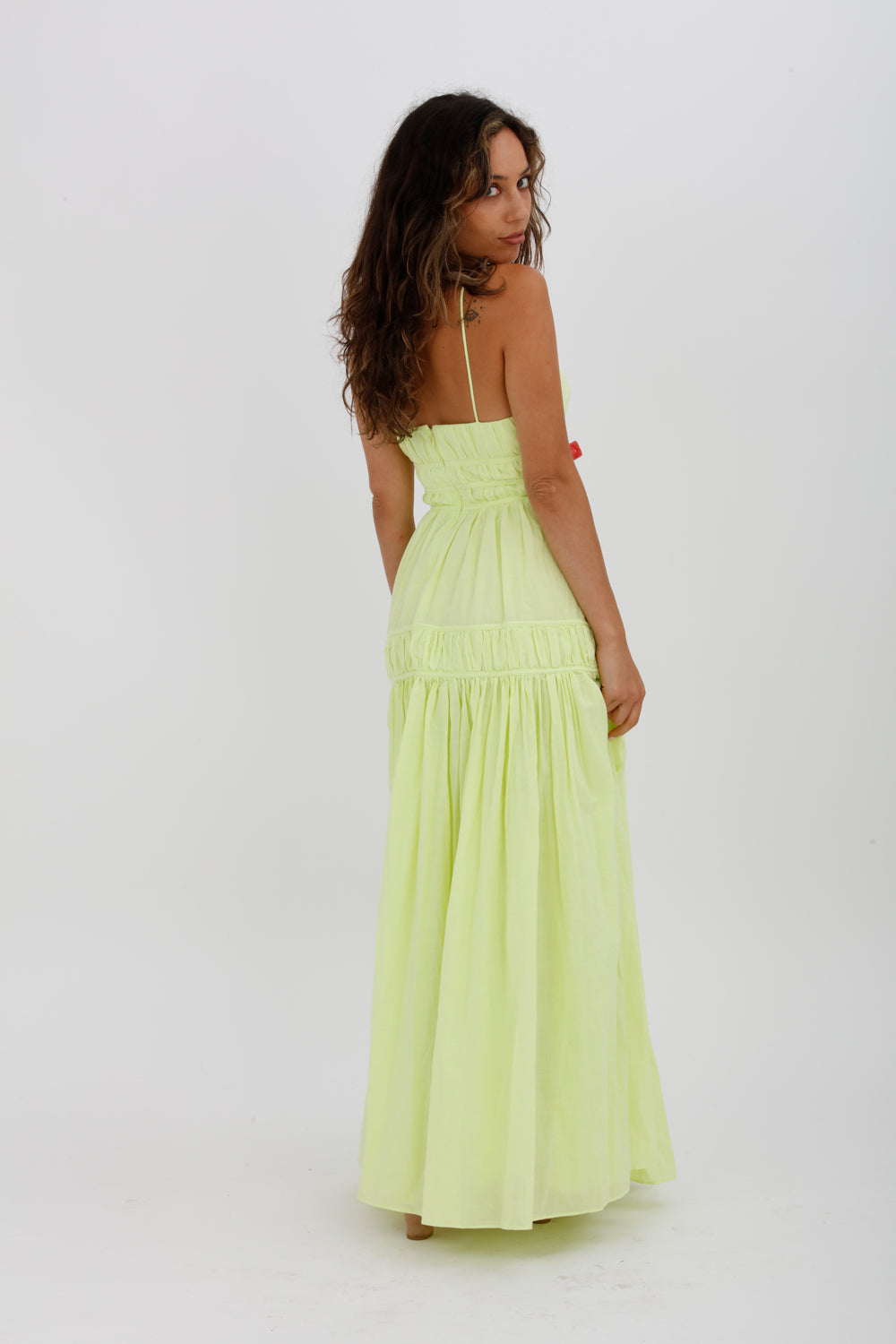 AJE Grace Tiered Midi Dress Pastel Yellow Green Size 10 - Miranda's