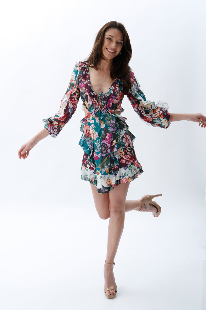 ZIMMERMANN ALLIA SPLICED FLORAL CUT OUT MINI DRESS PRINT SIZE 0 / AU 8 - Miranda's