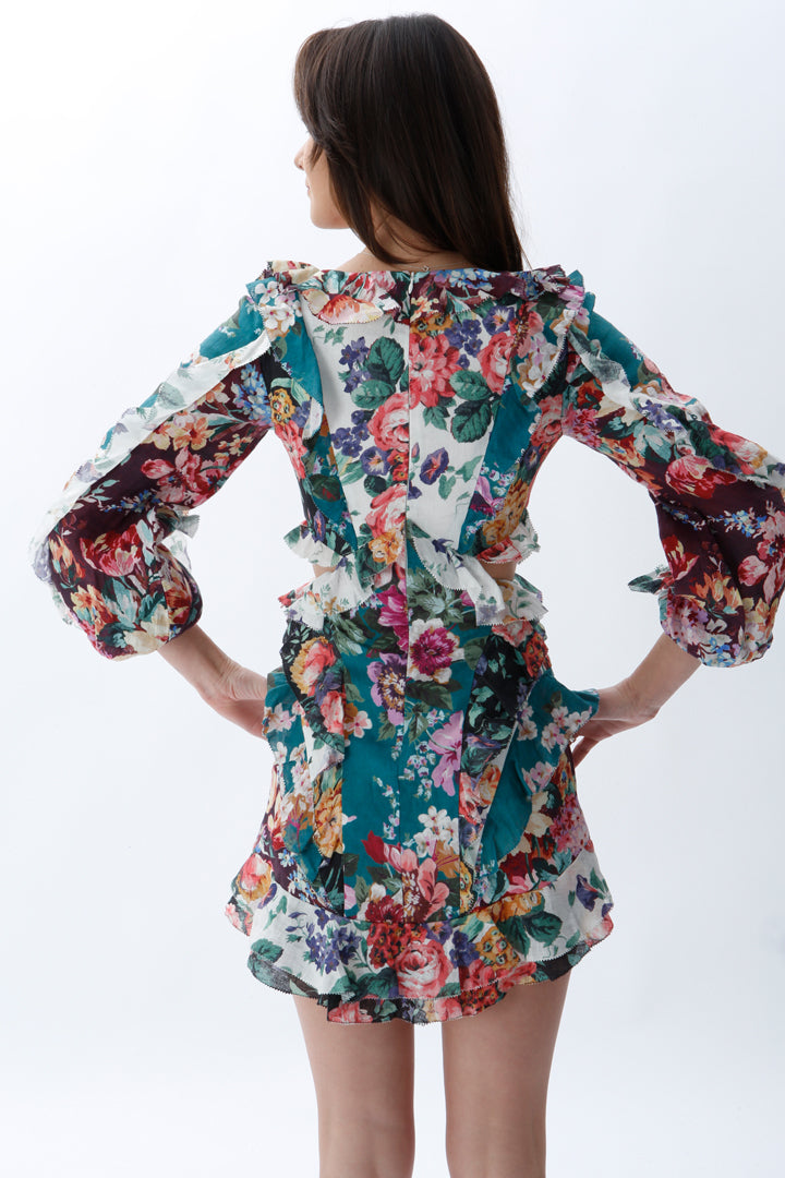 ZIMMERMANN ALLIA SPLICED FLORAL CUT OUT MINI DRESS PRINT SIZE 0 / AU 8 - Miranda's