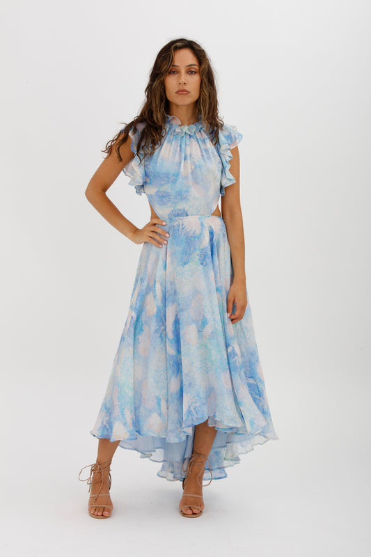 LEO LIN Oceana Open-back Gathered Printed Silk-chiffon Midi Dress Blue Size AU 10 - Miranda's
