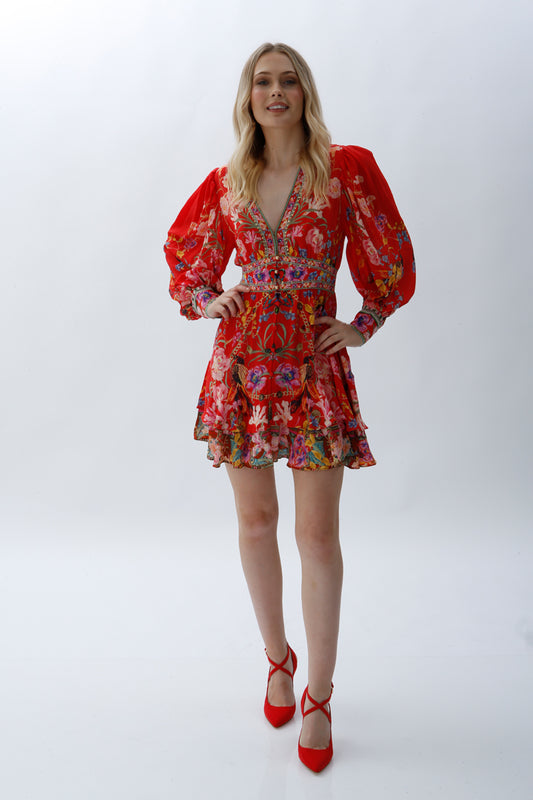 CAMILLA - Button Front Frill Dress - Ruffle Some Feathers - Short Dress - Red Print - Size 10 - Miranda's